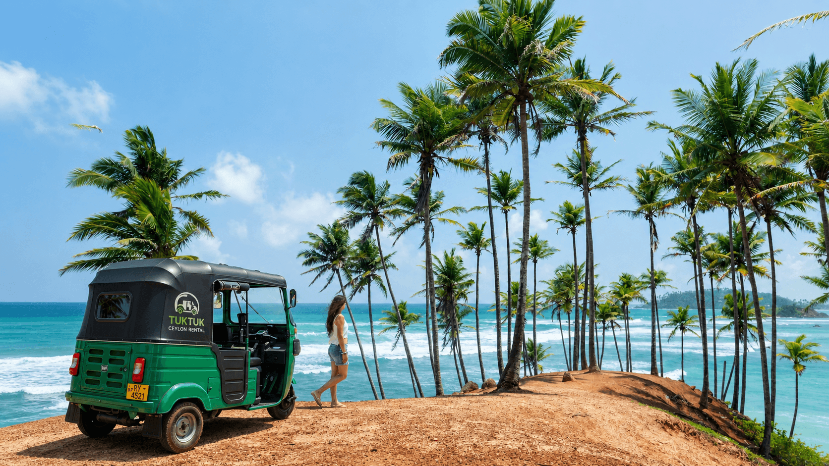 Green Bajaj RE tuk-tuk with surfboard parked on a Sri Lankan beach — TukTuk Ceylon Rental